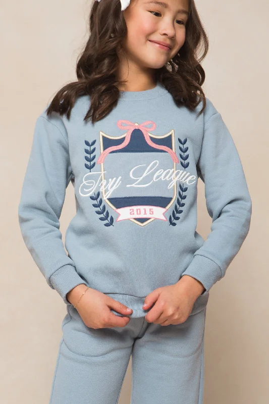 Mini Ivy Embroidered Crewneck Sweatshirt in Blue Hoodie with Hem Ribbing Snug Secure