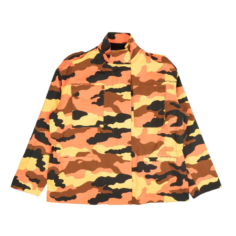 Off-White C/O Virgil Abloh Camo Jacket - Orange/Yellow One-Shoulder Jacket Off-the-Shoulder Jacket Asymmetrical Jacket Off-White C/O Virgil Abloh Camo Jacket - Orange/Yellow One-Shoulder Jacket Off-the-Shoulder Jacket Asymmetrical Jacket