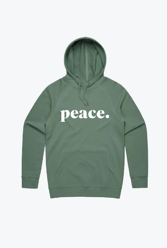 Peace Embroidered Hoodie - Sage Green Hoodie with Exposed Zipper Edgy Industrial