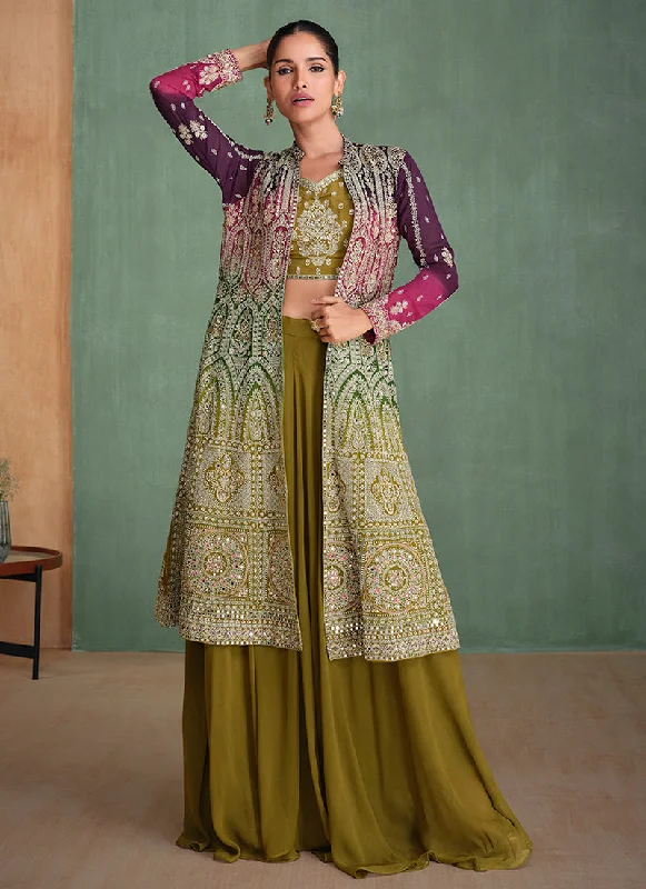 Purple And Olive Ombre Embroidered Jacket Style Sharara Suit Chenille Jacket Brocade Jacket Lace Jacket Purple And Olive Ombre Embroidered Jacket Style Sharara Suit Chenille Jacket Brocade Jacket Lace Jacket