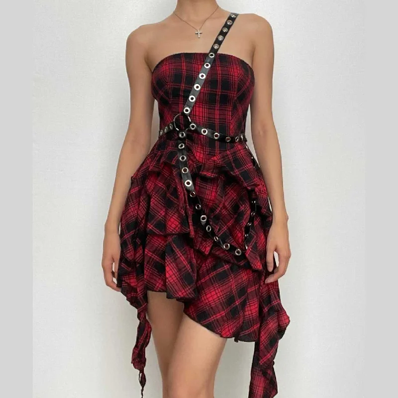Ruffle plaid zip-up irregular one shoulder backless mini dress | victorian gothic dresses Comfortable Boho Mini Dress Ruffle plaid zip-up irregular one shoulder backless mini dress | victorian gothic dresses Comfortable Boho Mini Dress