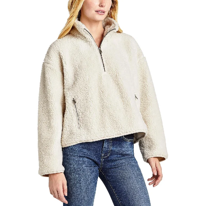 Splendid Womens Faux Fur 1/4 Zip Sweatshirt Hoodie with Batwing Sleeves Loose Dramatic