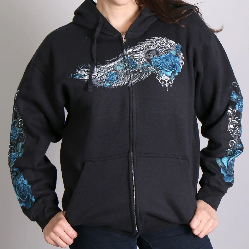 Hot Leathers GLZ4345 Ladies 'Angel Roses' Zip Up Hooded Ladies Black Sweat Shirt Hoodie with Hem Frayed Vintage Worn