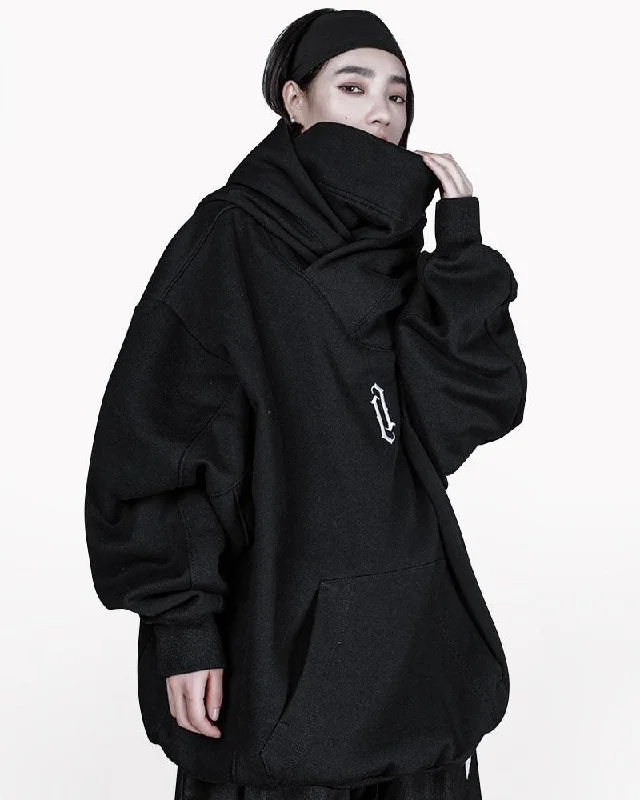 Techwear Unisex Turtleneck Scarf Mask Hoodie Hoodie with Drop Shoulder Relaxed Streetwear