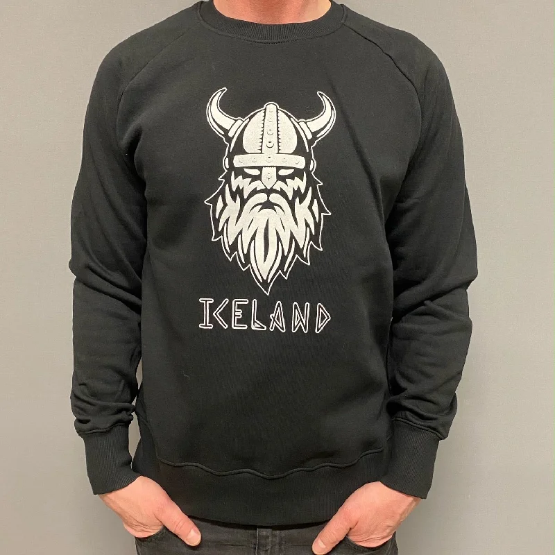 Unisex Sweatshirt - Viking Iceland - Black Hoodie with Hem Embroidery Detailed Premium