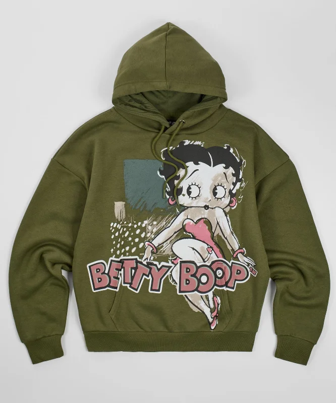 Women Betty Boop Chalk Hoodie - Olive Green Hoodie with Ribbed Neckline Snug Warm