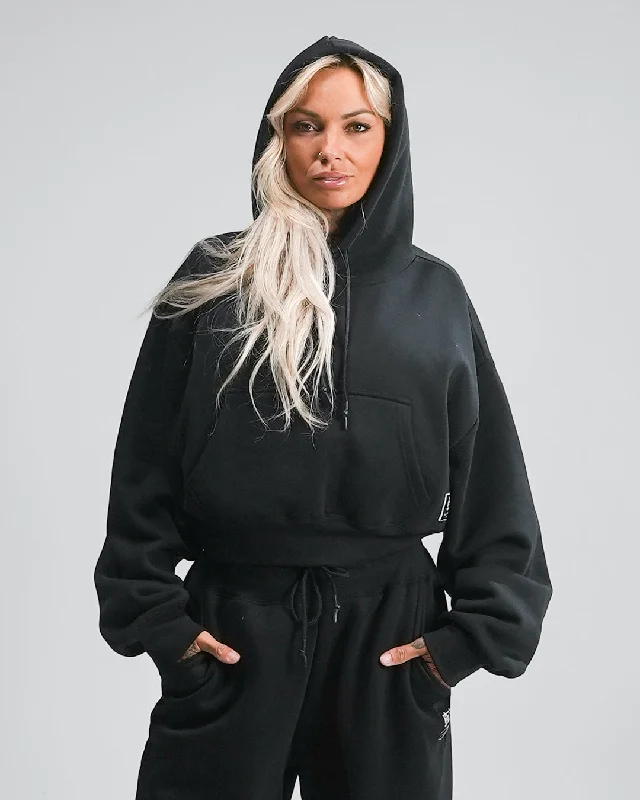 WOMENS OVERSIZED CROP HOODIE - BLACK Hoodie with Ribbed Cuffs Snug Fit Comfort