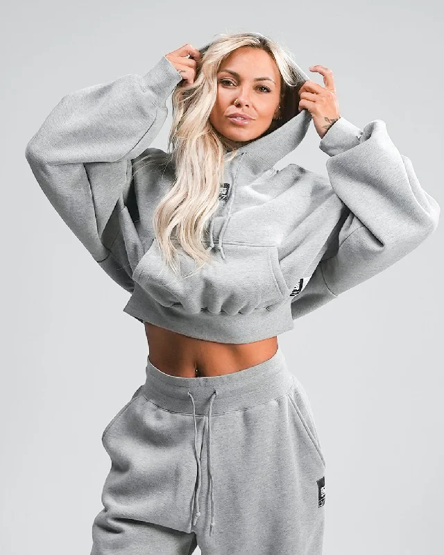 WOMENS OVERSIZED CROP HOODIE - HEATHER GREY Hoodie with Tied Waist Feminine Flattering