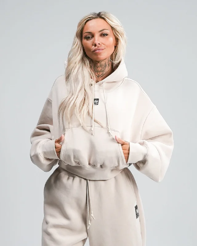 WOMENS OVERSIZED CROP HOODIE - TAN Hoodie with Set-In Sleeves Structured Classic