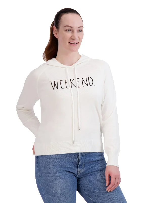 Women's "WEEKEND" Knit Pullover Hoodie Hoodie with Hem Elastic Stretchable Comfortable