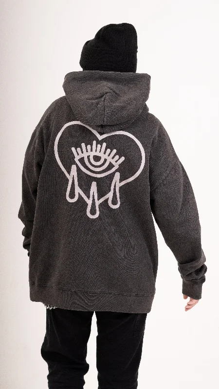 Zip Faded Crying Heart Hoodie - Black Hoodie with Raglan Sleeves Sporty Comfortable