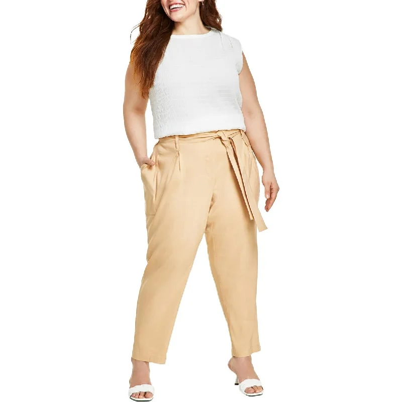 Plus Womens Deep Pocket Linen Cropped Pants Trendy Work Pants