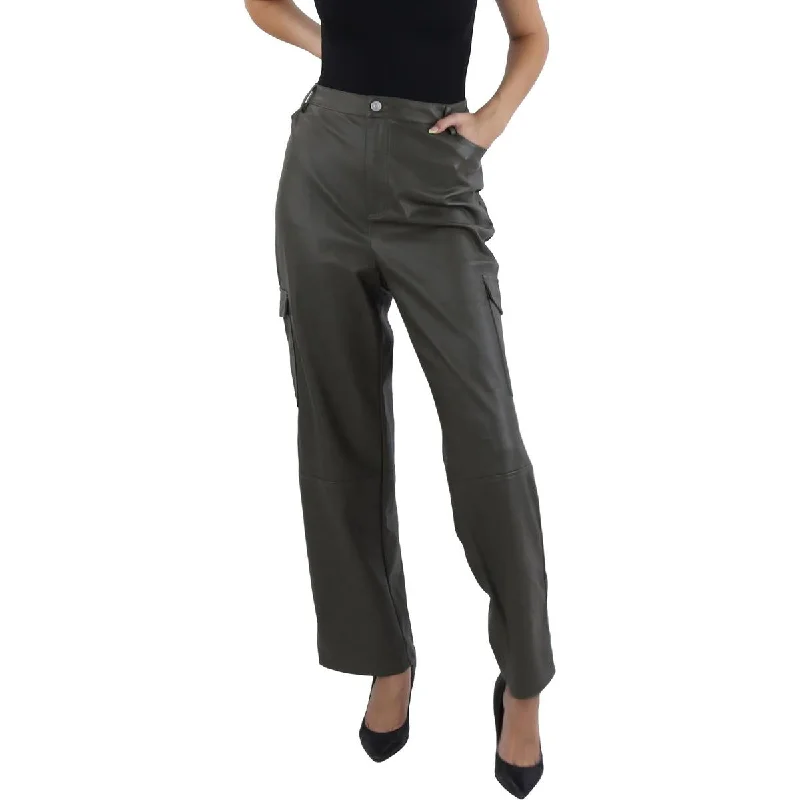 Womens Faux Leather High Rise Cargo Pants Comfy Cargo Trousers