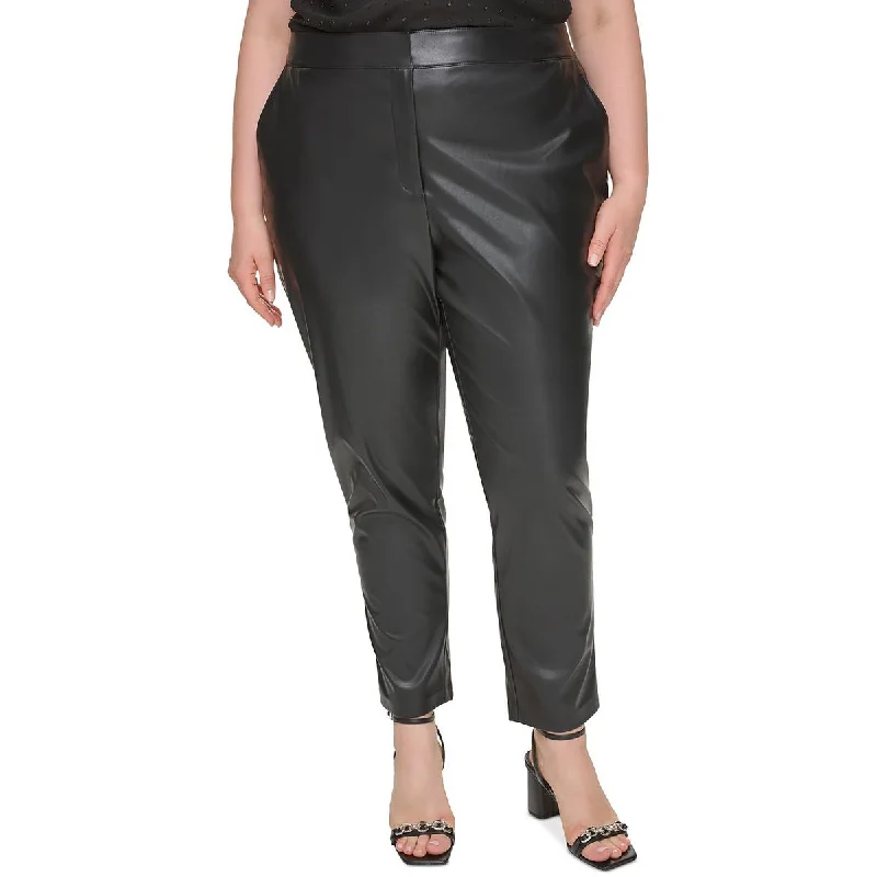 Plus Womens Faux Leather Office Ankle Pants Fashionable Button-Up Pants