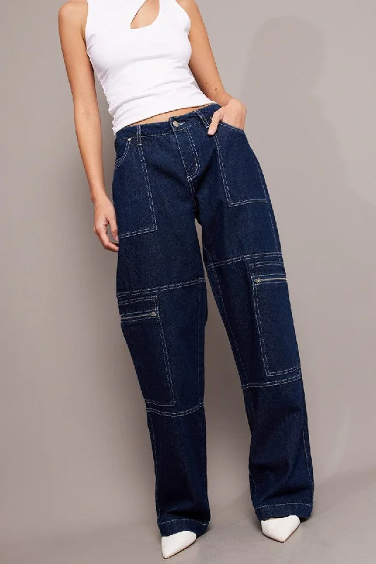 Denim Cargo Jean Mid Rise Fashionable Raw Hem Bootcut Jeans