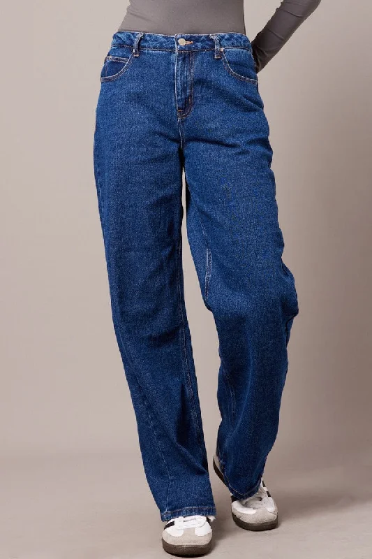 Denim Straight Jean Mid Rise Chic Double Waistband Jeans