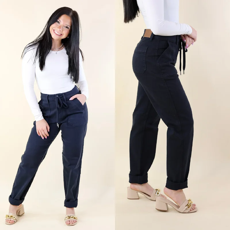 Judy Blue | Keep It A Secret Relaxed Pull on Jean Joggers in Navy Blue Elegant Wide-Leg Jeans