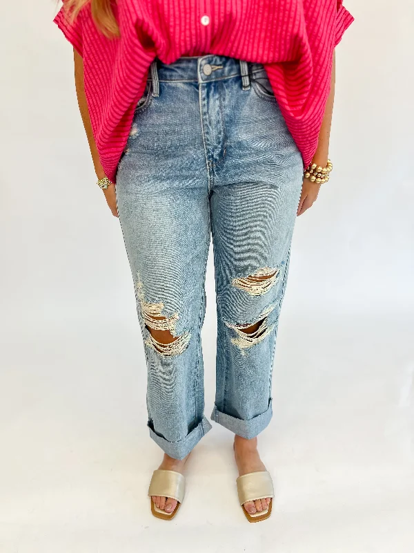 [Judy Blue] Loving Life Straight Leg Destroyed  Rigid Jean Casual Loose Fit Jeans