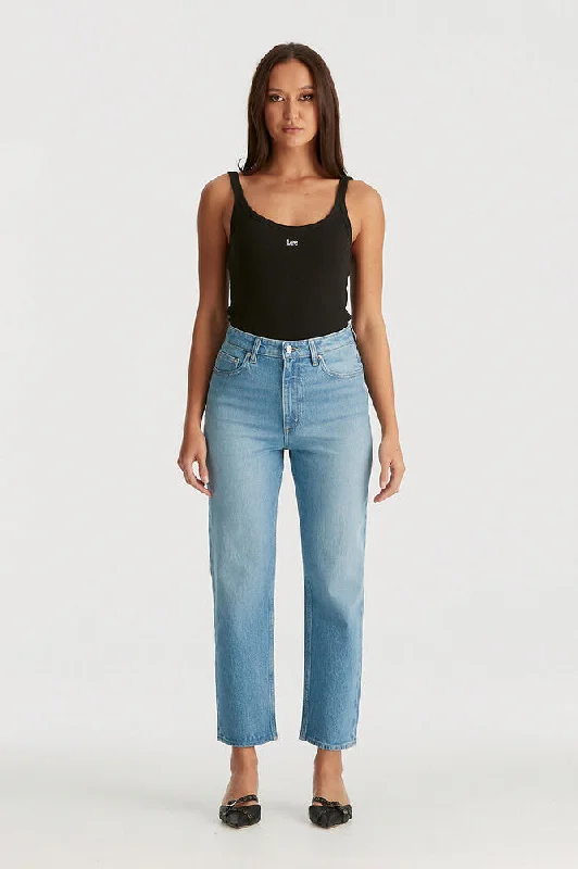 LEE DENIM HIGH STRAIGHT CROP DENIM JEAN - BLUE ENVY Comfortable Faded High-Rise Jeans