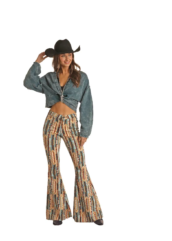 Rock & Roll Cowgirl Aztec Print Bell Bottom Jean Comfortable Straight-Legged Denim