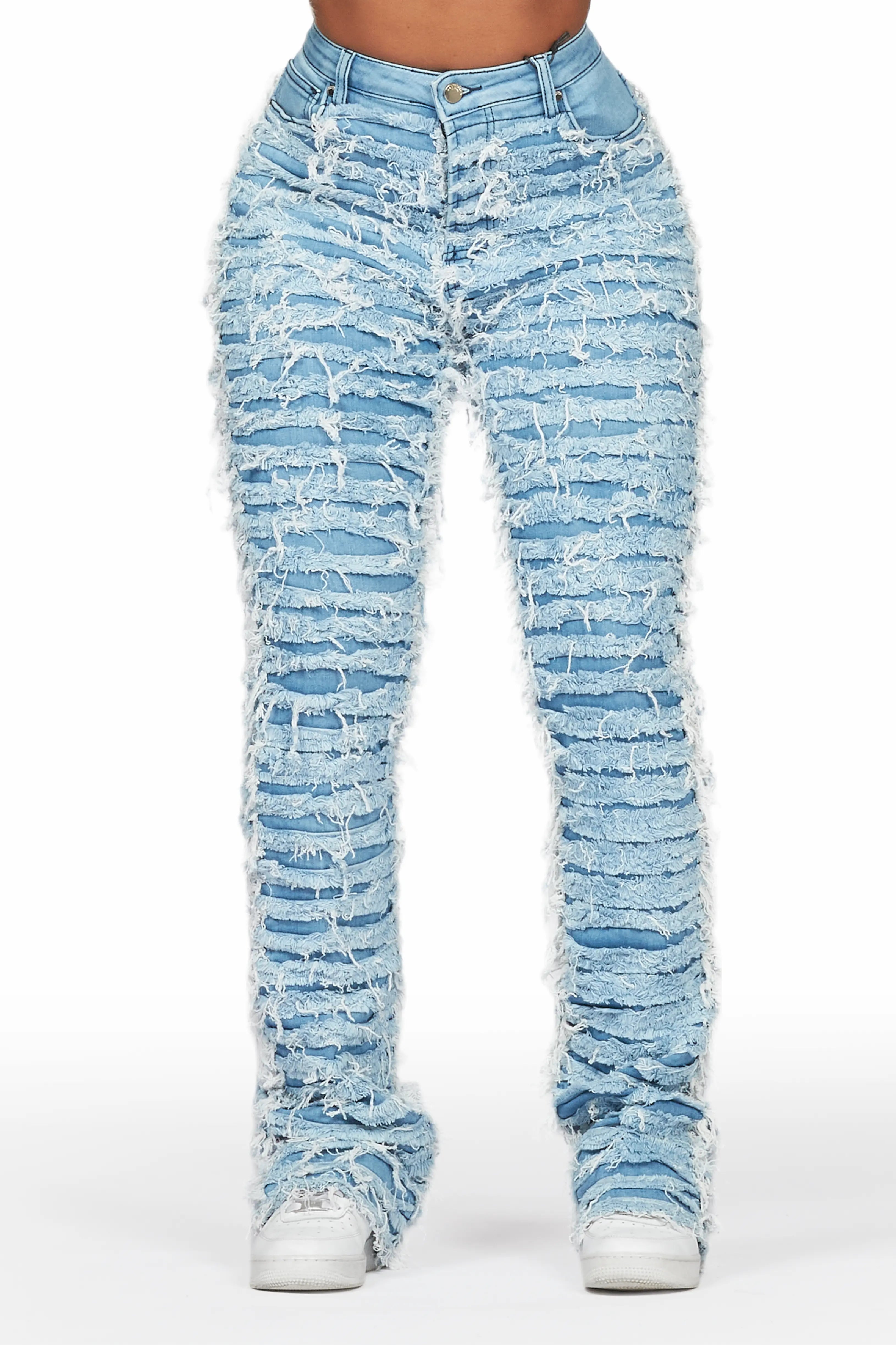 Melany Light Wash Stacked Flared Jean Trendy Skinny High-Waist Jeans