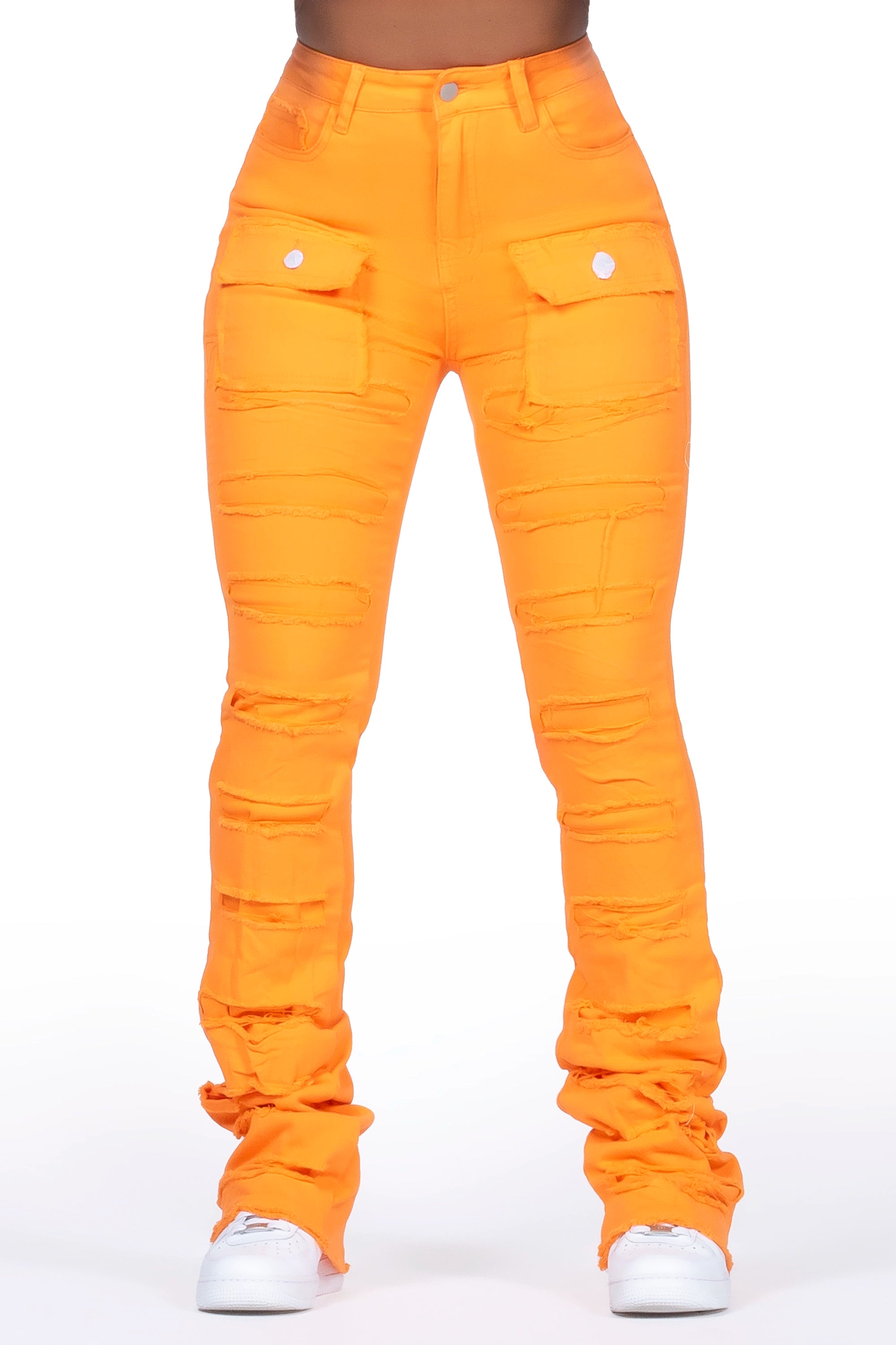 Tonea Orange Stacked Flare Jean Fashionable Jeggings Style Jeans