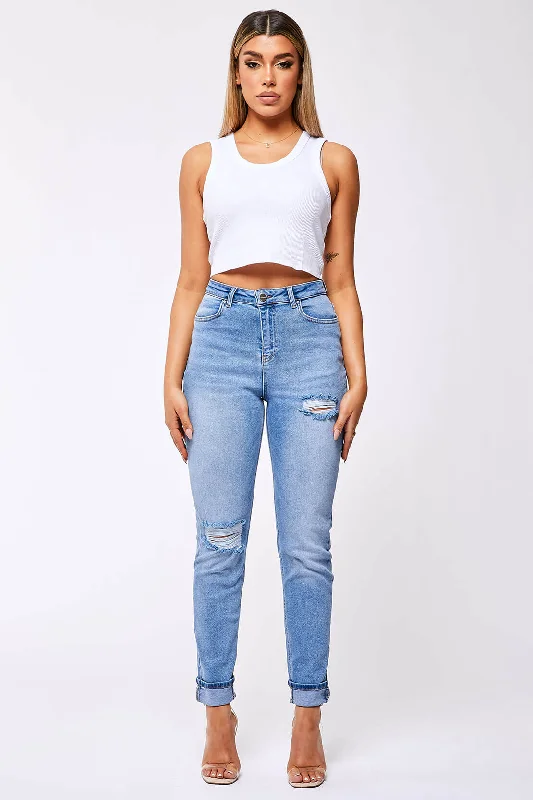 STRAIGHT LEG JEAN - WASHED BLUE RIPPED Fashionable Slouchy Fit Jeans