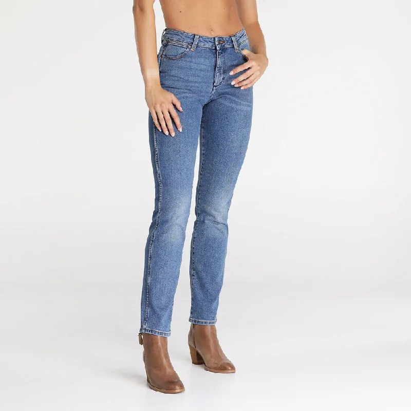 Wrangler Ladies Classic Mid Waist Straight Jean - Mid Stone Indigo -  W/091042 Casual Distressed Denim Jeans