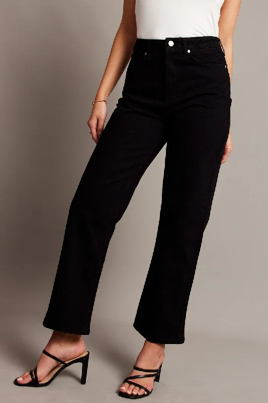 Black Straight Jean Mid Rise Trendy Wide-Legged High-Waist Jeans