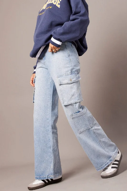 Denim Cargo Jean Mid Rise Stylish Acid-Wash Jeans