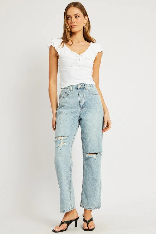 Denim Straight Jean Mid Rise Trendy Wide-Leg High-Waist Denim