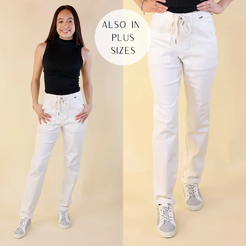 Judy Blue | Keep It A Secret Relaxed Pull on Jean Joggers with Cuffed Hem in White Wash Comfortable Distressed Straight-Leg Jeans