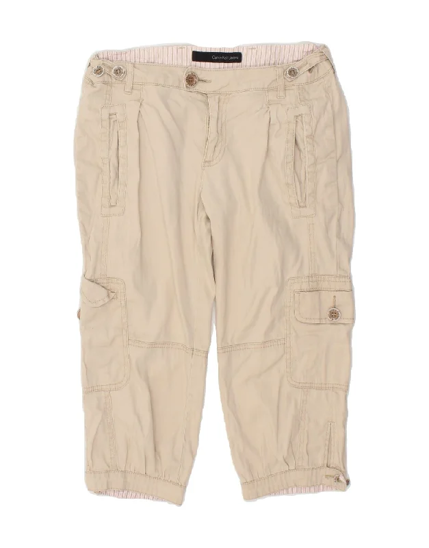 CALVIN KLEIN JEANS Womens Capri Cargo Trousers W27 L18 Beige Cotton Trendy Wide-Leg High-Waist Denim CALVIN KLEIN JEANS Womens Capri Cargo Trousers W27 L18 Beige Cotton Trendy Wide-Leg High-Waist Denim