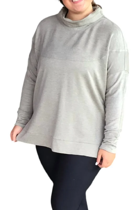 Cassie Funnel Drop Shoulder Sweater In Grey Front Pockets Side Pockets Patch Pockets