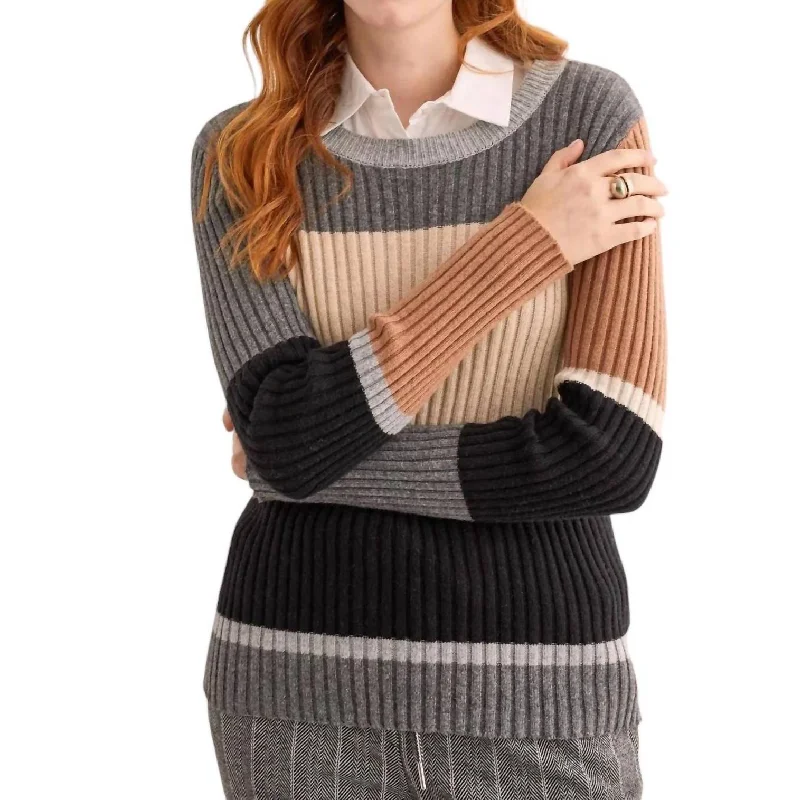 Crew Neck Colorblock Sweater In Charcoal Elasticated Padded Insulated