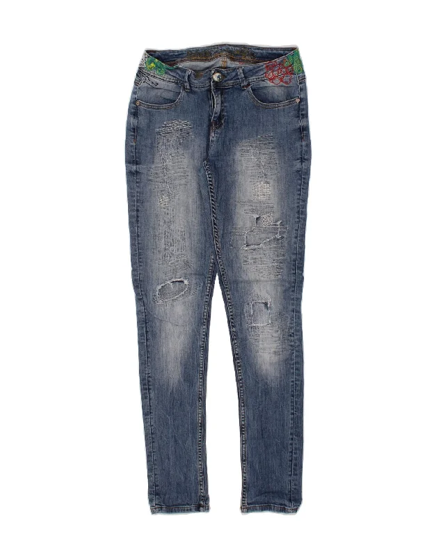 DESIGUAL Womens Distressed Skinny Jeans W29 L32 Blue Floral Trendy Vintage Denim Jeans DESIGUAL Womens Distressed Skinny Jeans W29 L32 Blue Floral Trendy Vintage Denim Jeans