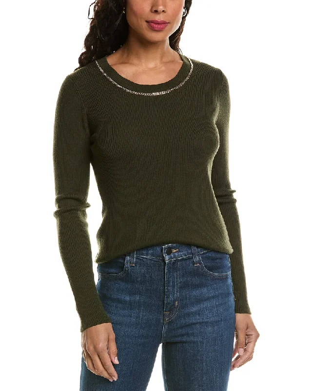 Elie Tahari Chain Trim Wool Sweater Collared Crew Neck Turtle Neck