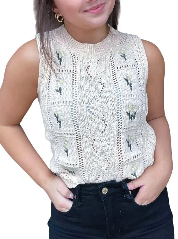 Flower Embroidered Sleeveless Sweater In Ivory Silk Blend Satin Velvet