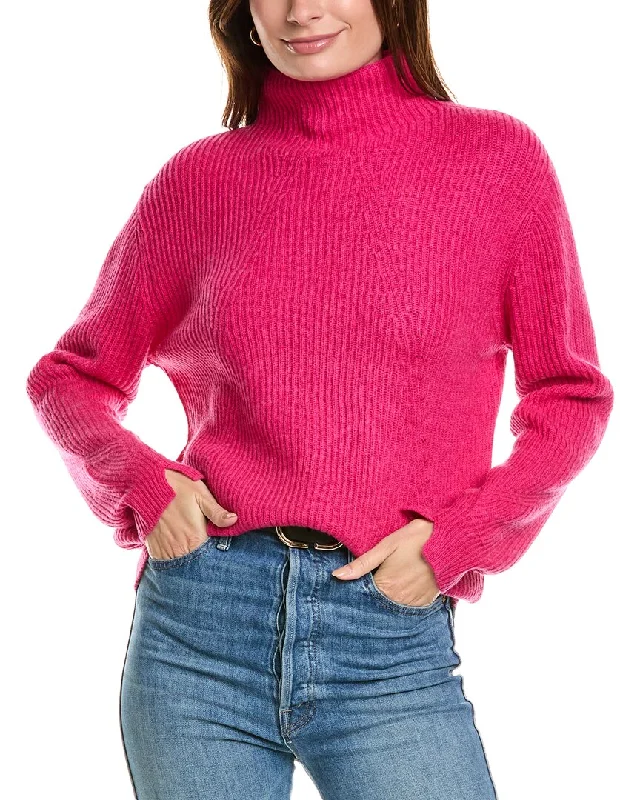 Forte Cashmere Fashioned Rib Funnel Neck Wool & Cashmere-Blend Sweater Welt Pockets Slit Pockets Flap Pockets