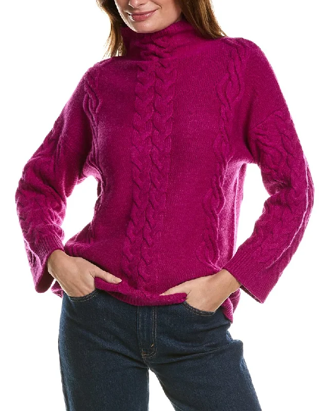 Forte Cashmere Placed Cable Funnel Neck Wool & Cashmere-Blend Sweater Stylish Fashionable Trendy