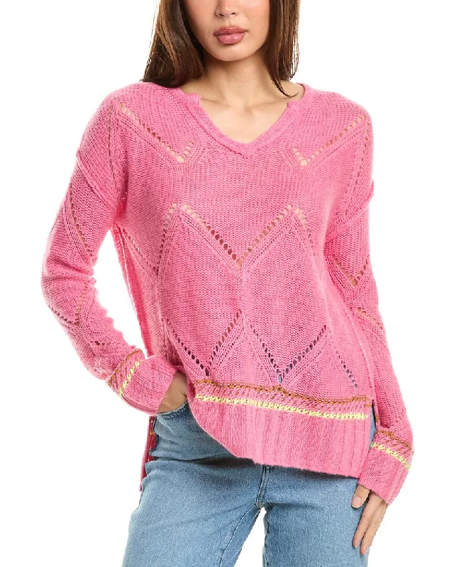 Lisa Todd Split Neck Cashmere Sweater Embroidered Appliqued Beaded