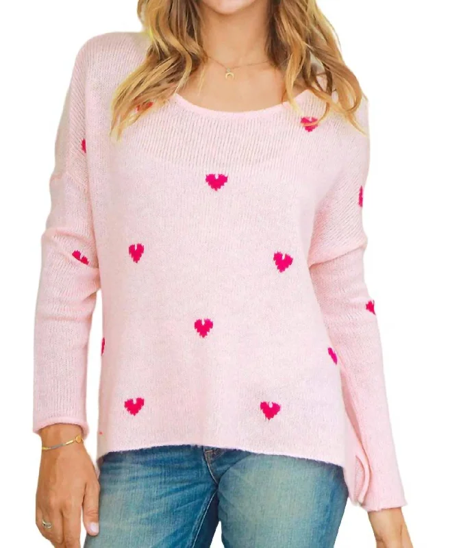 Mini Hearts Crew Sweater In Arctic Pink Chenille Blend Fleece Blend Nylon Blend