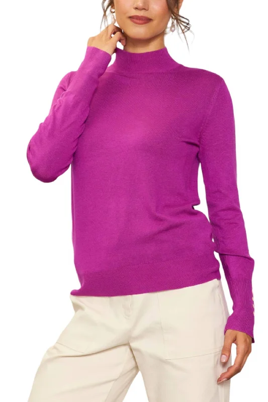 Mock Neck With Gold Button Sleeve Sweater In Magenta Plaid Sweater Polka Dot Checkered