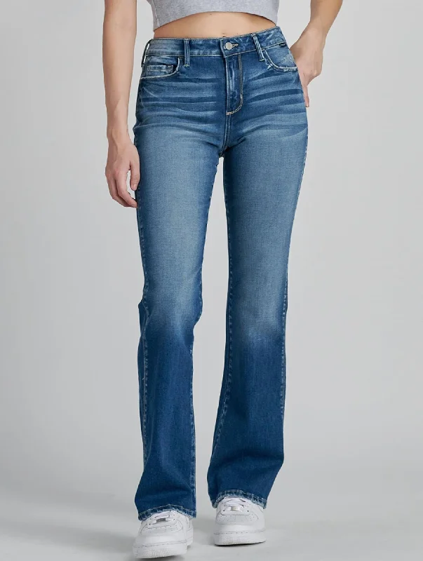 Monique High Rise Bootcut Jean In Medium Wash Fashionable Frayed Hem Denim