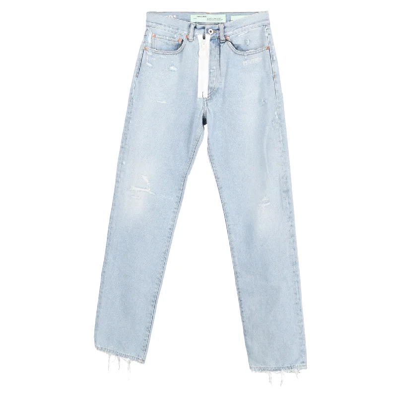 Off-White c/o Virgil Abloh Mid-Waist Distressed Jeans in Light Blue Cotton Stylish High-Waist Skinny Denim Off-White c/o Virgil Abloh Mid-Waist Distressed Jeans in Light Blue Cotton Stylish High-Waist Skinny Denim