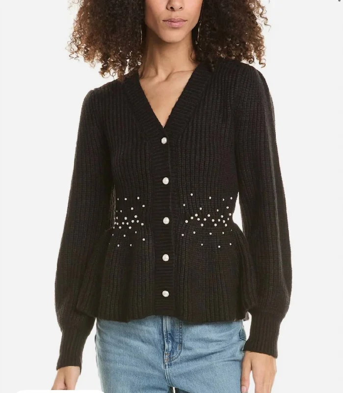 Pearl Detail Peplum Sweater In Black Ribbed Striped Patterned