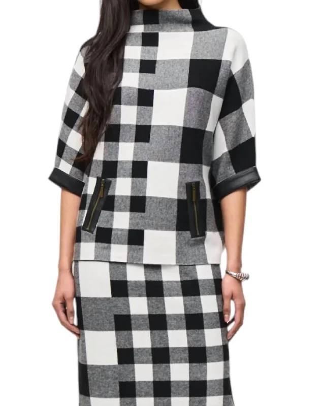 Plaid Jacquard Knit Sweater In Black/vanilla Soft Cozy Warm