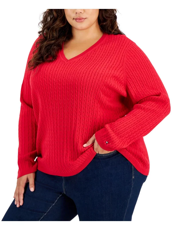 Plus Womens Cable Knit Long Sleeve V-Neck Sweater Polka Dot Checkered Tartan