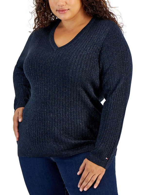 Plus Womens Metallic V-Neck Pullover Sweater Boat Neck Shawl Collar Notched Collar