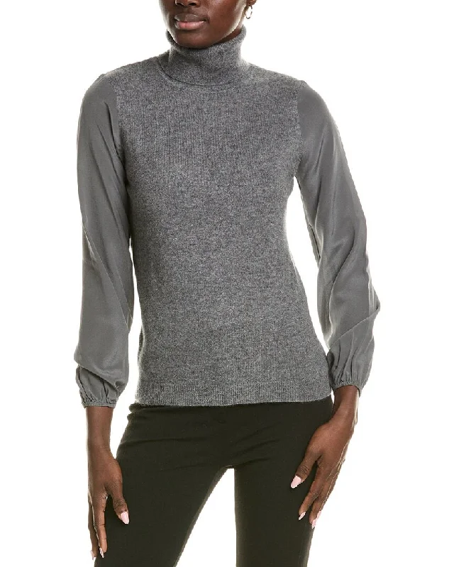 sofiacashmere Chiffon Silk Sleeve Turtleneck Cashmere Sweater Elasticated Padded Insulated